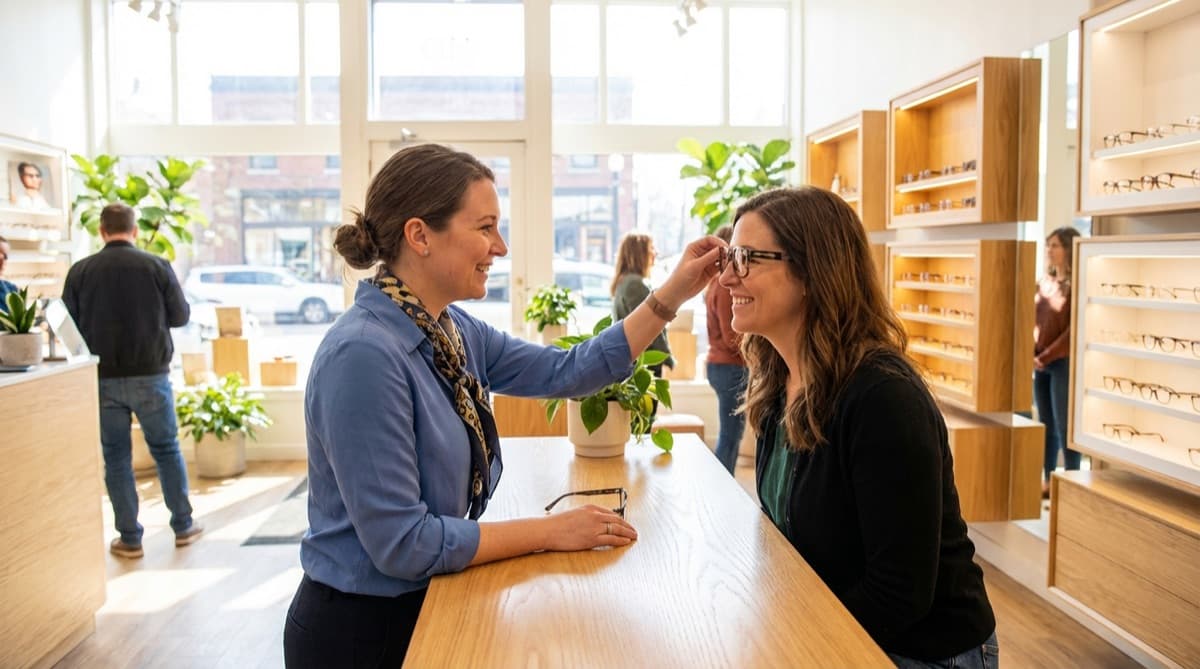 Optician fitting frames on a patient in the dispensary
